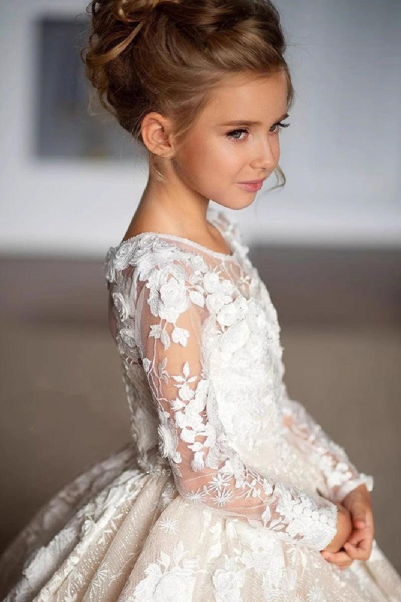 A-Line Illusion Neck Long Sleeve Lace Chapel Train Flower Girl Dresses 688674536065