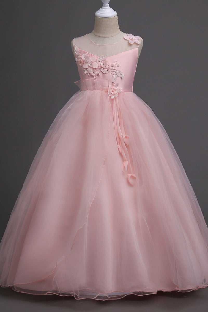 A-Line Illusion Neck Appliques Floor Length Tulle Flower Girl Dresses 1031510840050