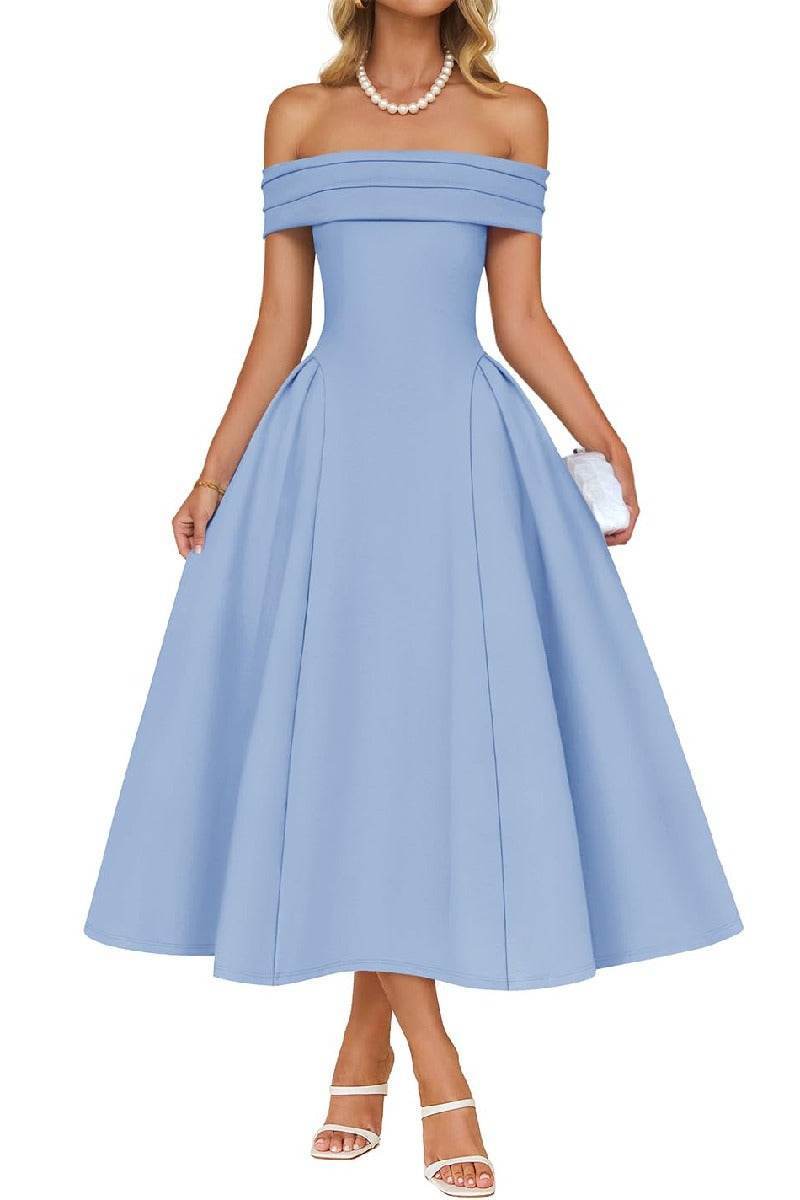 a line dresses for wedding guest A-Line Midi Satin Formal Wedding Guest Dress Off the Shoulder Elegant Semi-Formal Dress COCOMELODY B0DS8NJRR3, 7 Days / Blue / Small