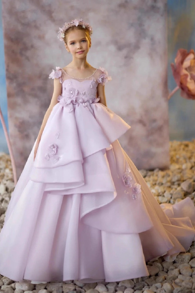 Illusion Tiered Asymmetrical Ruffle Sweep-Brush Train Flower Girl Dresses 673284486583