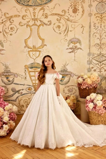 A-Line Off-Shoulder Tulle with Pink Bows Flower Girl Dresses 769956751133 - 15 Days / White / 2 - COCOMELODY