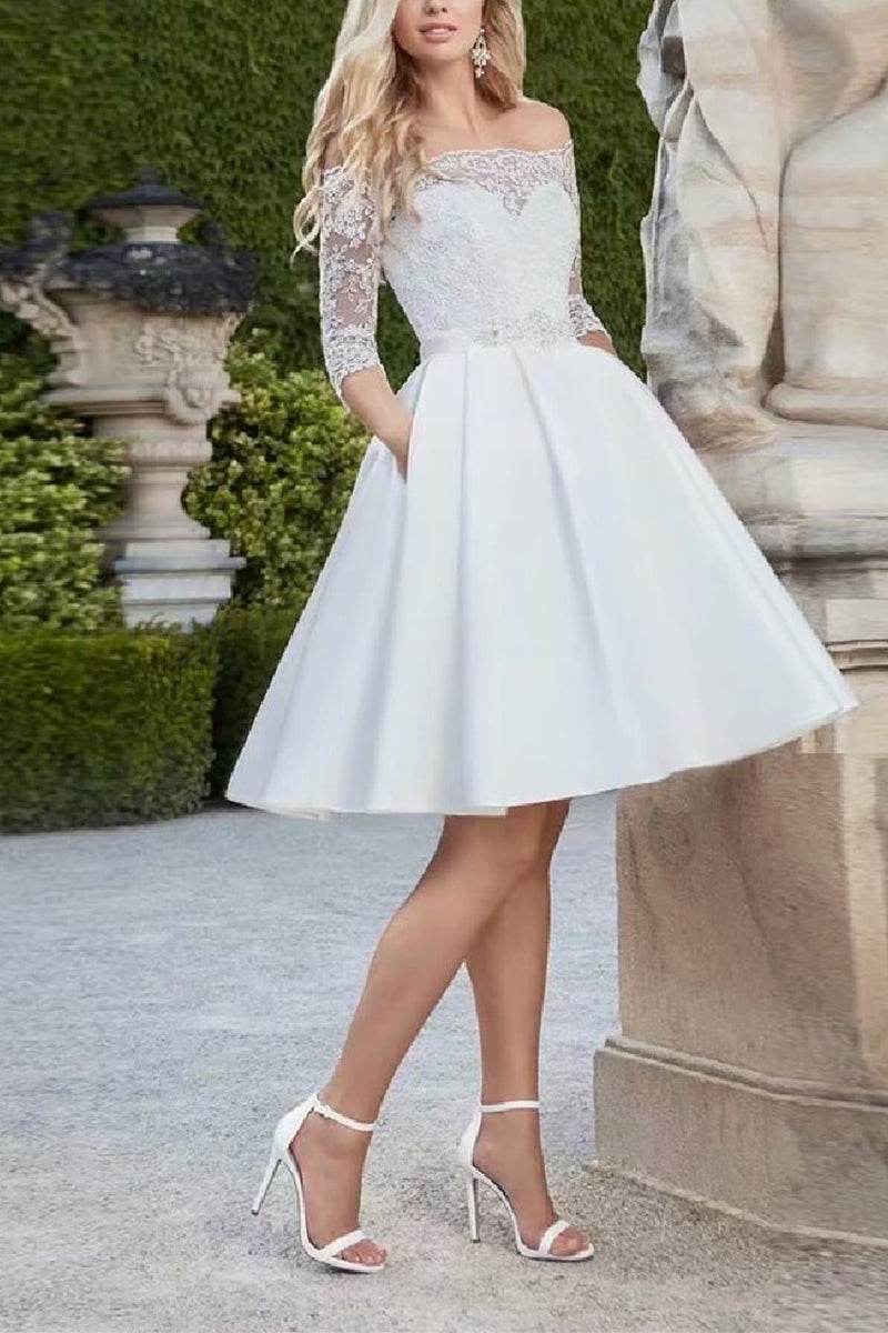 A-Line Knee Length Lace Satin Little White Dress 100055 - COCOMELODY
