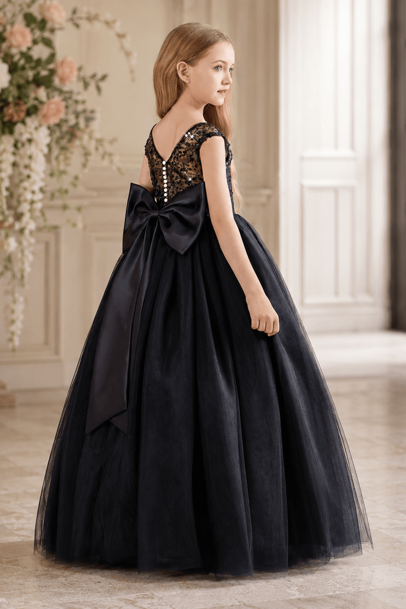 Elegant Lace Bodice Illusion Neckline Bow Back Tulle Flower Girl Dresses 901111463292