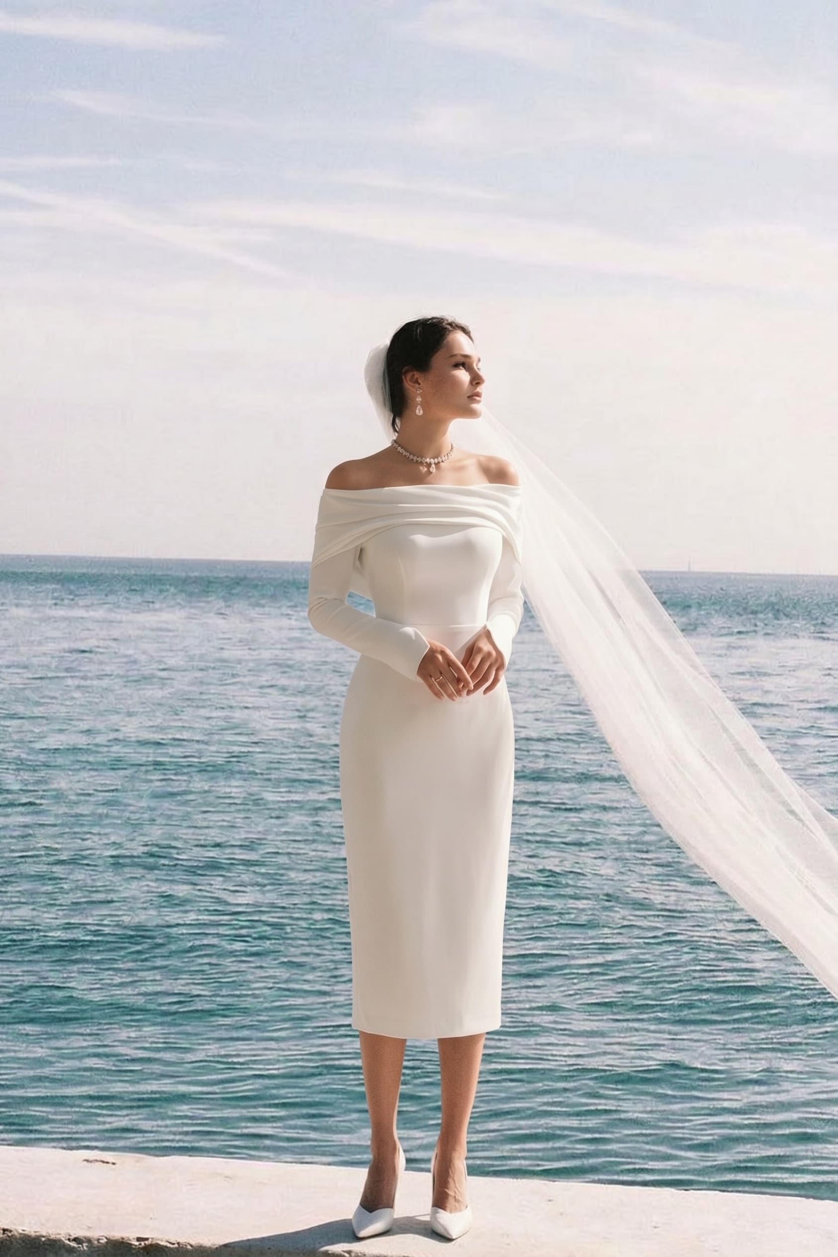 Elegant Tea Length Little White Dress Off the Shoulder Bridal Shower Dress COCOMELODY 100001, 15 Days / Ivory / Custom Size