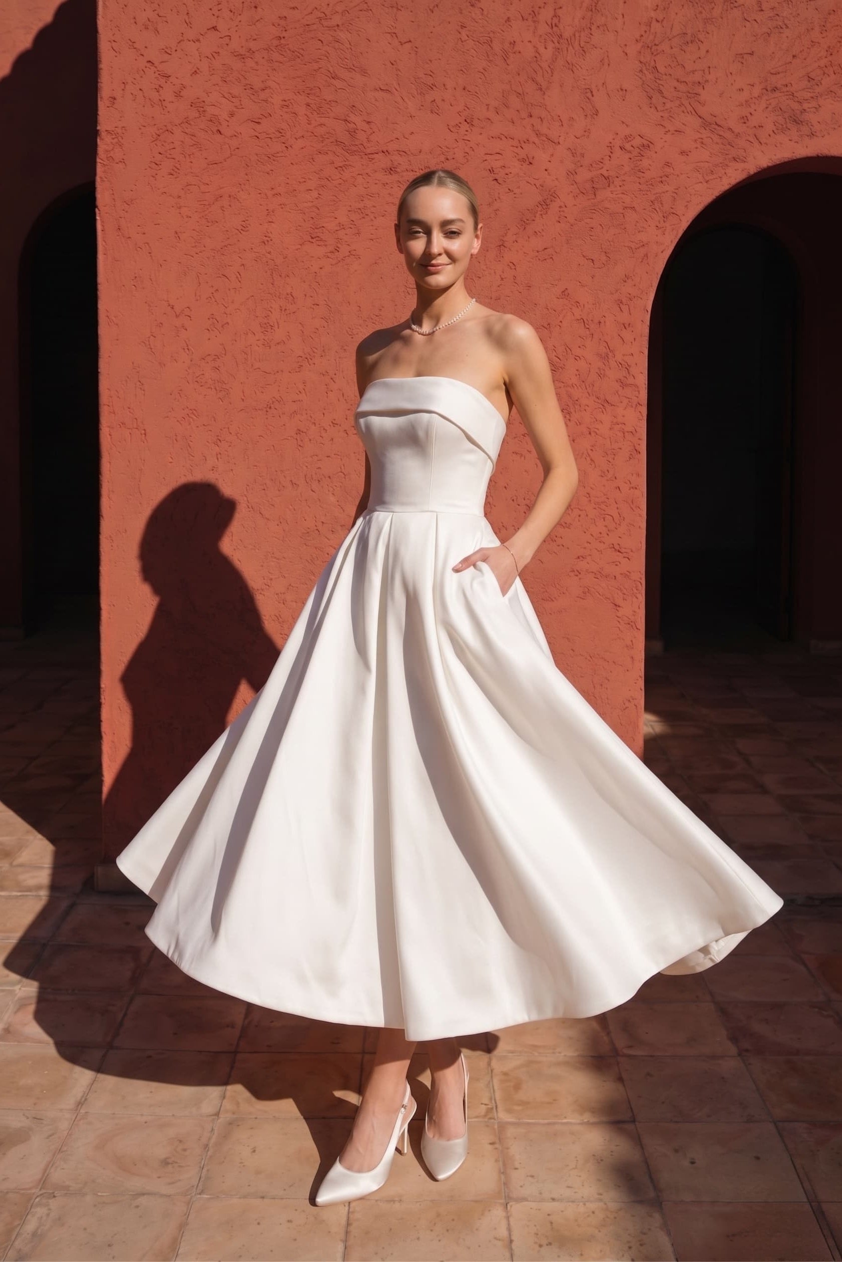 A-Line Tea Length Mikado Little White Dress Strapless Pockets Bridal Shower Dress COCOMELODY 100023, 15 Days / Ivory / US20-UK22-EUR50
