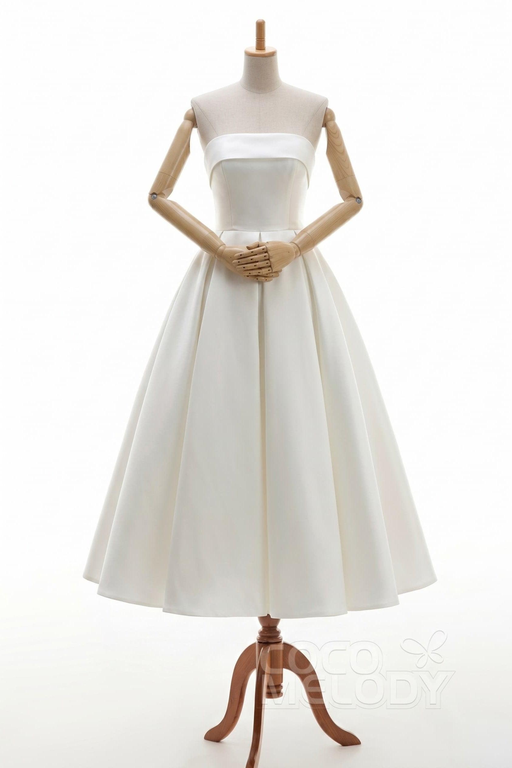 A-Line Tea Length Mikado Little White Dress Strapless Pockets