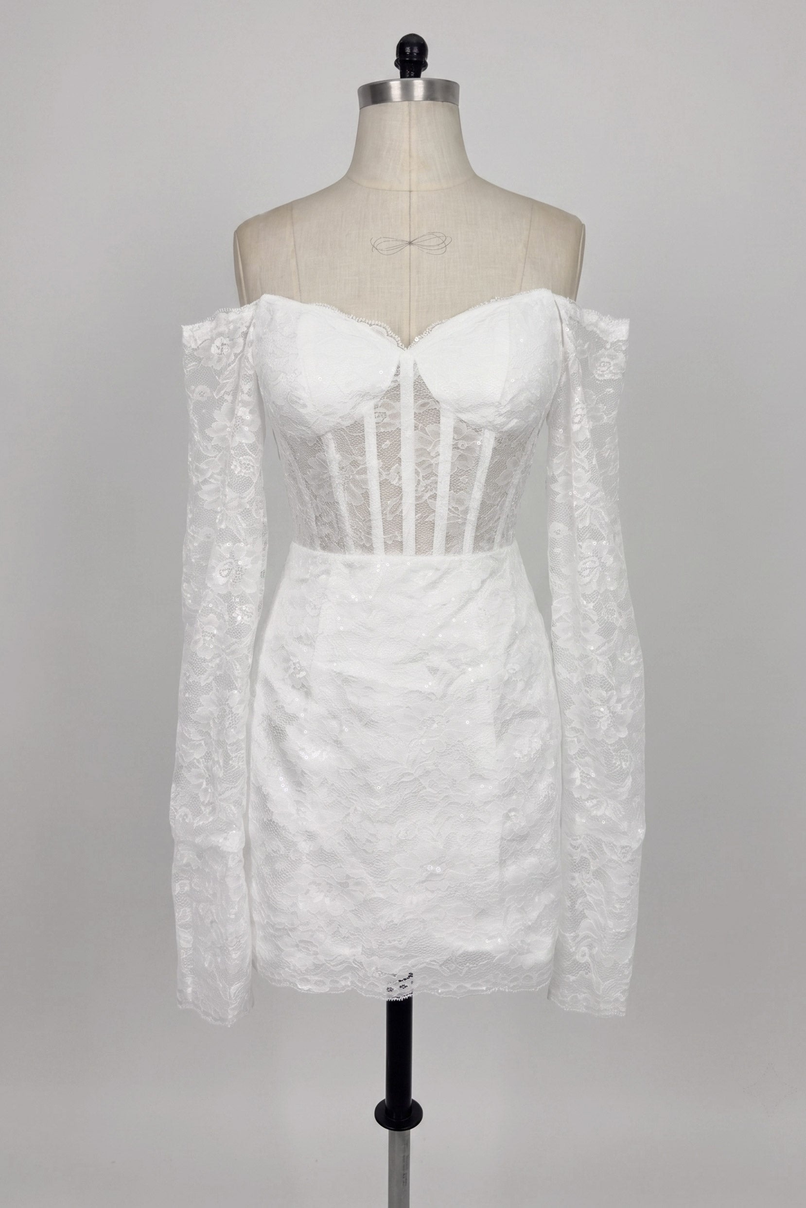 Ivory Lace Short Wedding Dress Off Shoulder Sleeve Lace-Up Corset Little White Dress COCOMELODY 100048, 15 Days / Ivory / US22-UK24-EUR52