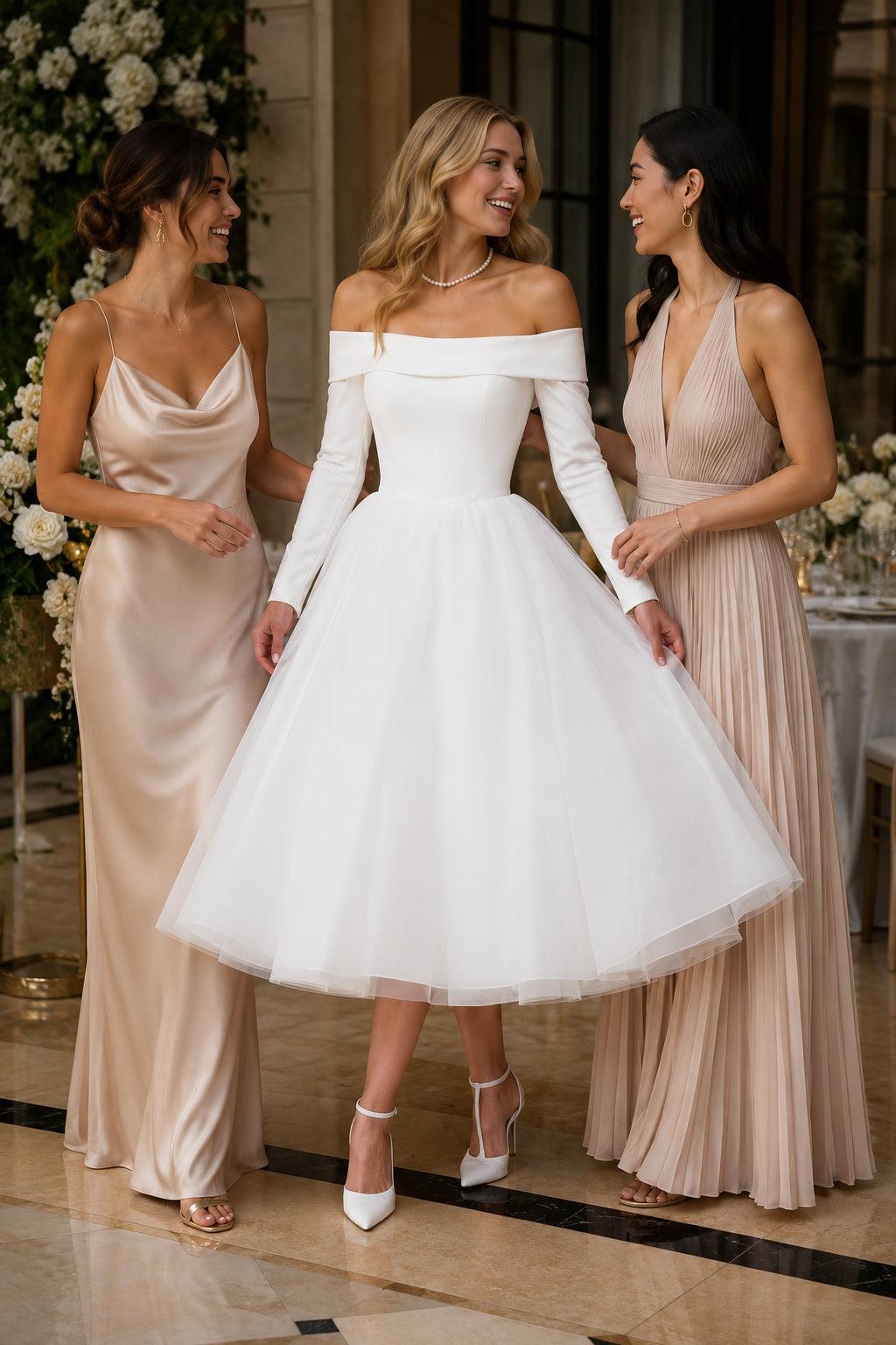 A-Line Tea Length Satin Tulle Little White Dress 100056