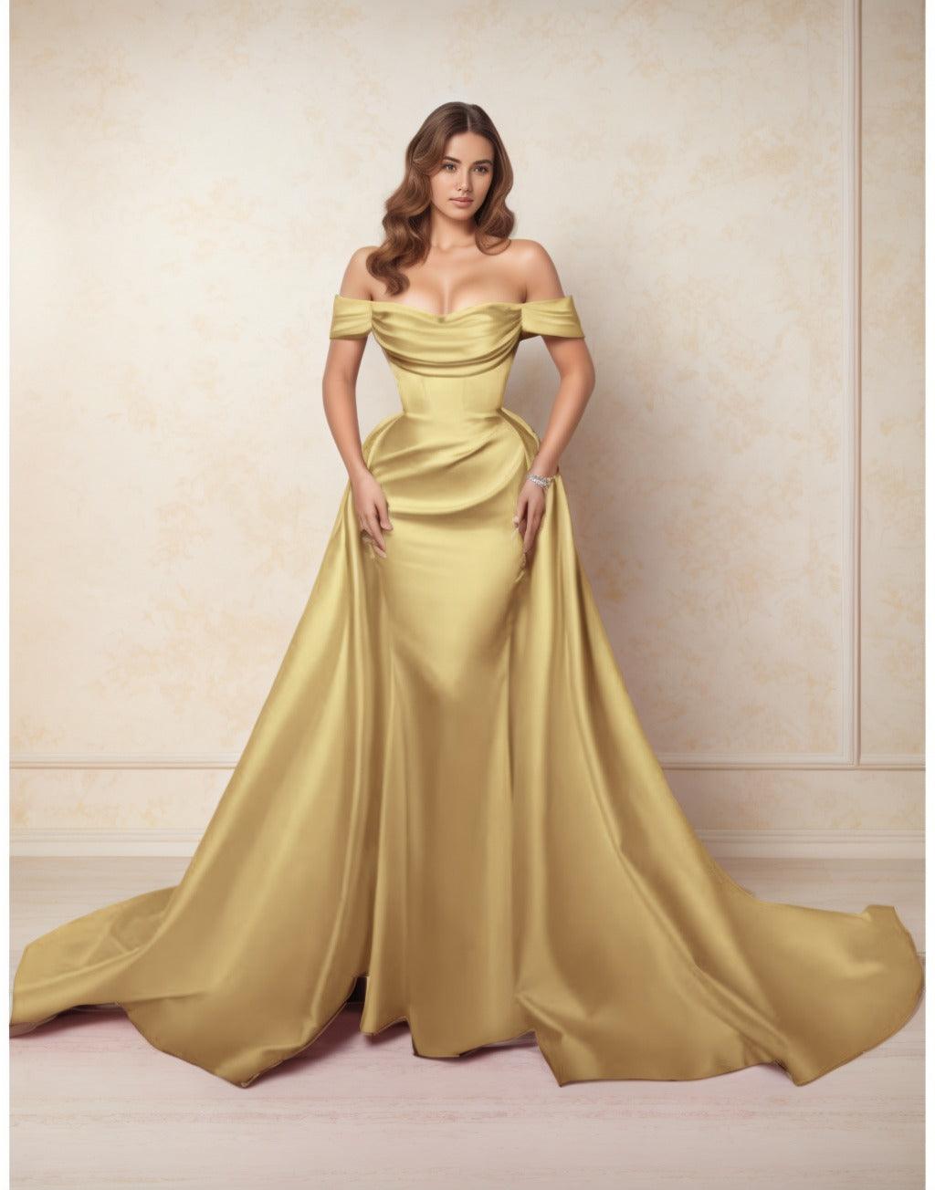A-Line Chapel Train Satin Prom Dress CS0416 - COCOMELODY
