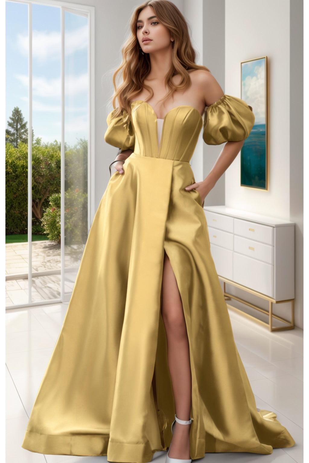 A-Line Sweep-Brush Train Satin Prom Dress CS0448 - COCOMELODY
