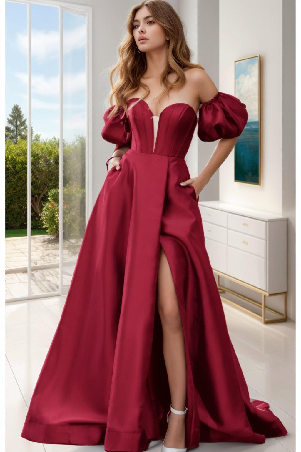 A-Line Sweep-Brush Train Satin Prom Dress CS0448 - COCOMELODY