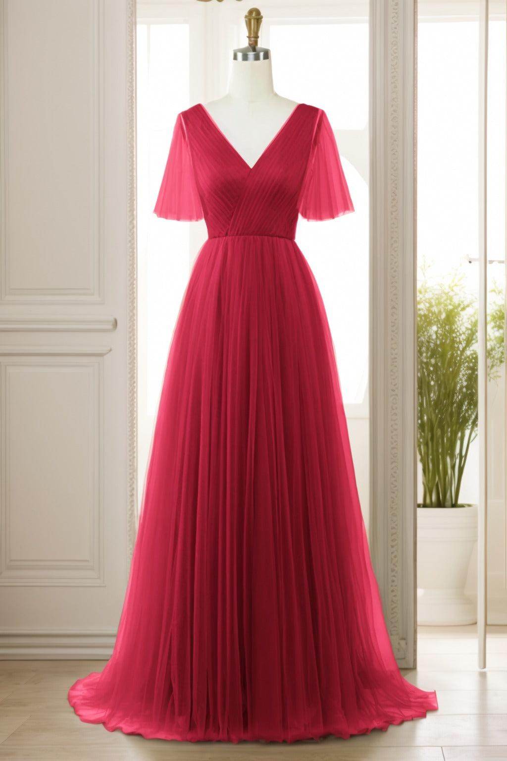 A-Line Sweep-Brush Train Tulle Prom Dress CS0472 - COCOMELODY
