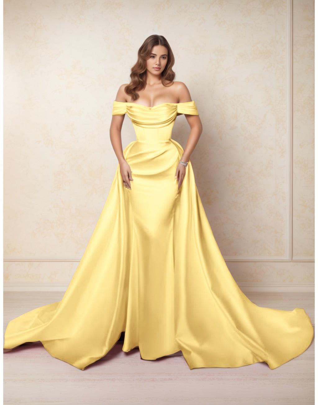 A-Line Chapel Train Satin Prom Dress CS0416 - COCOMELODY