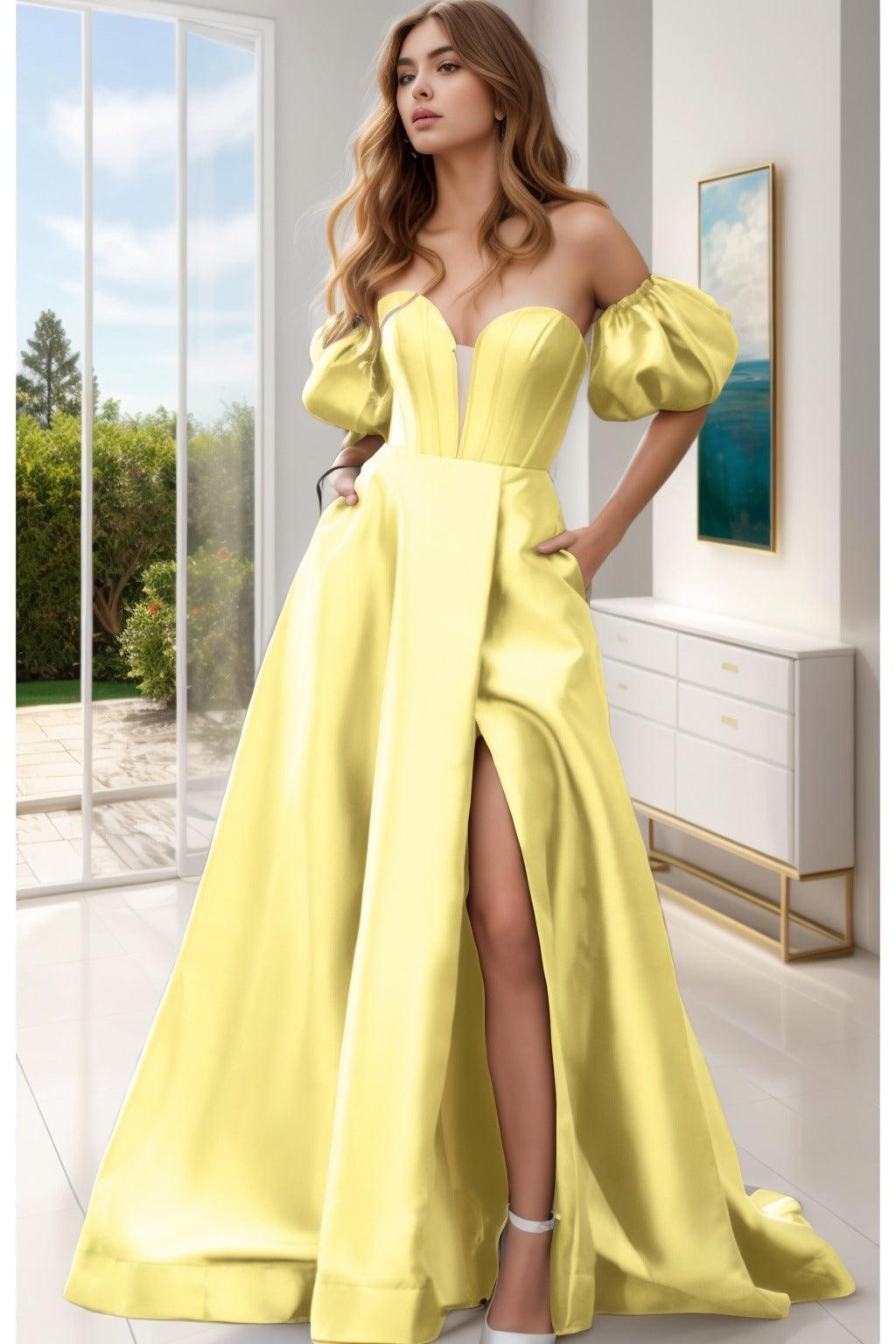 A-Line Sweep-Brush Train Satin Prom Dress CS0448 - COCOMELODY