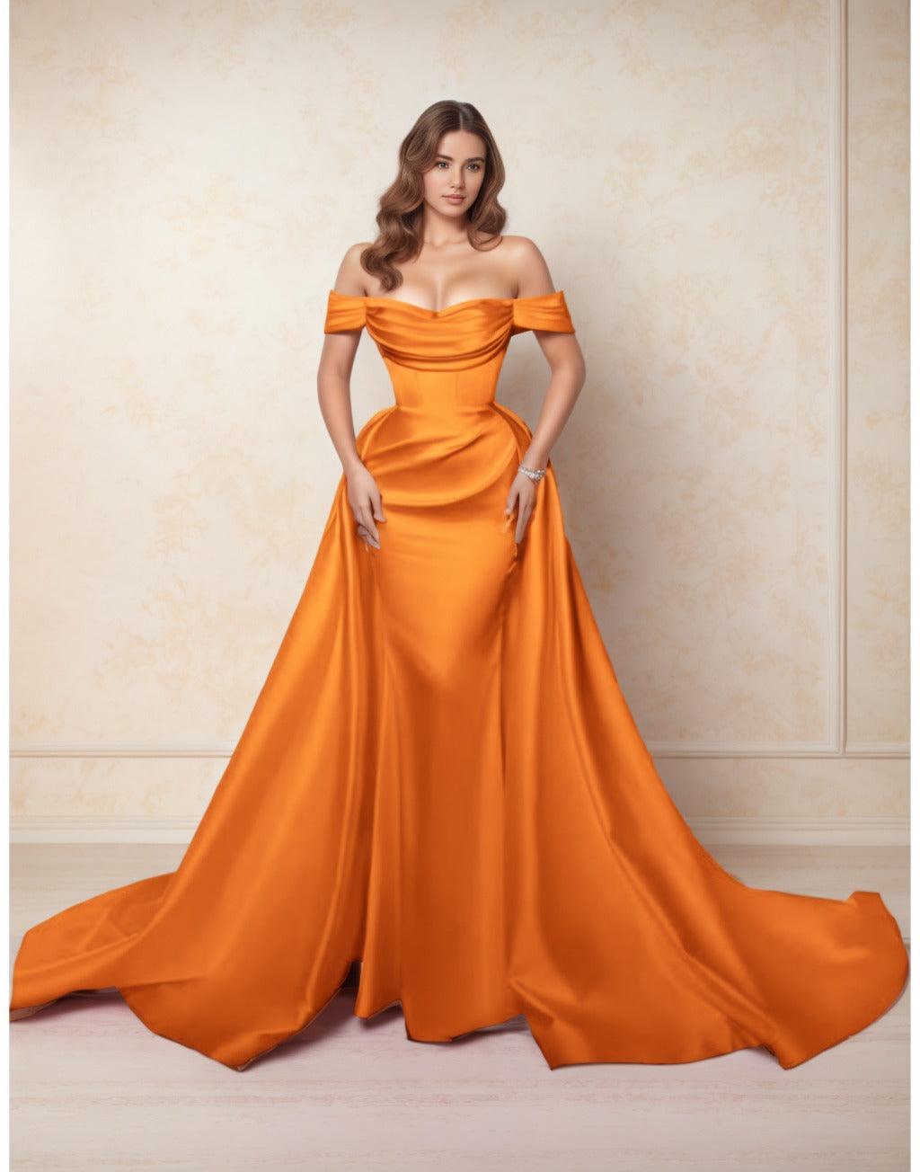 A-Line Chapel Train Satin Prom Dress CS0416 - COCOMELODY