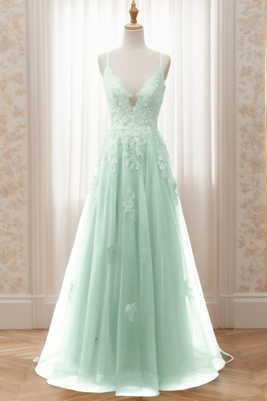 A-Line Sweep-Brush Train Tulle Prom Dress CS0463 - COCOMELODY