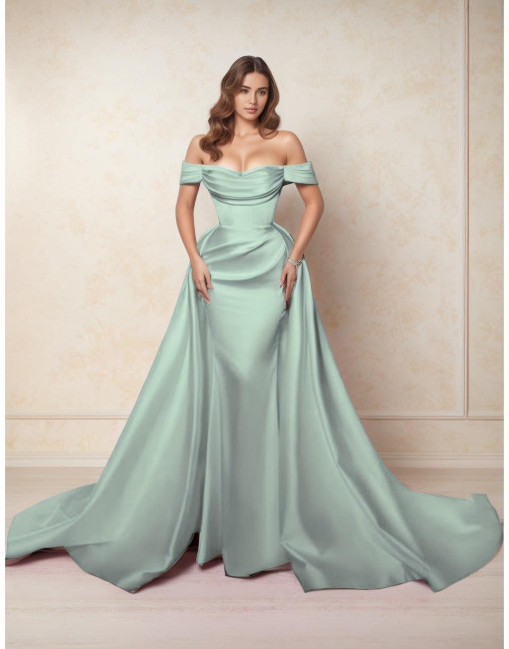 A-Line Chapel Train Satin Prom Dress CS0416 - COCOMELODY