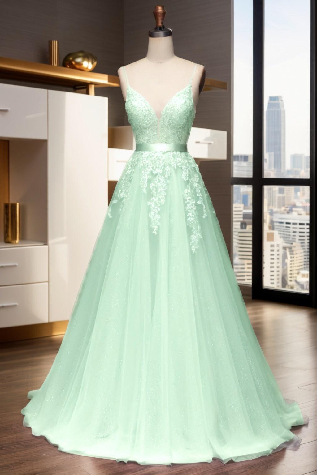 A-Line Sweep-Brush Train Tulle Prom Dress CS0464 - COCOMELODY