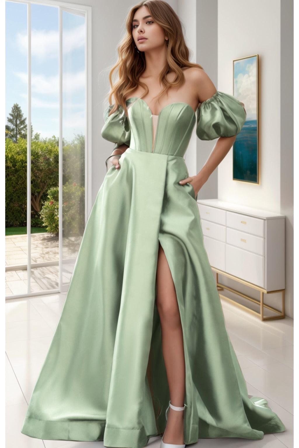 A-Line Sweep-Brush Train Satin Prom Dress CS0448 - COCOMELODY