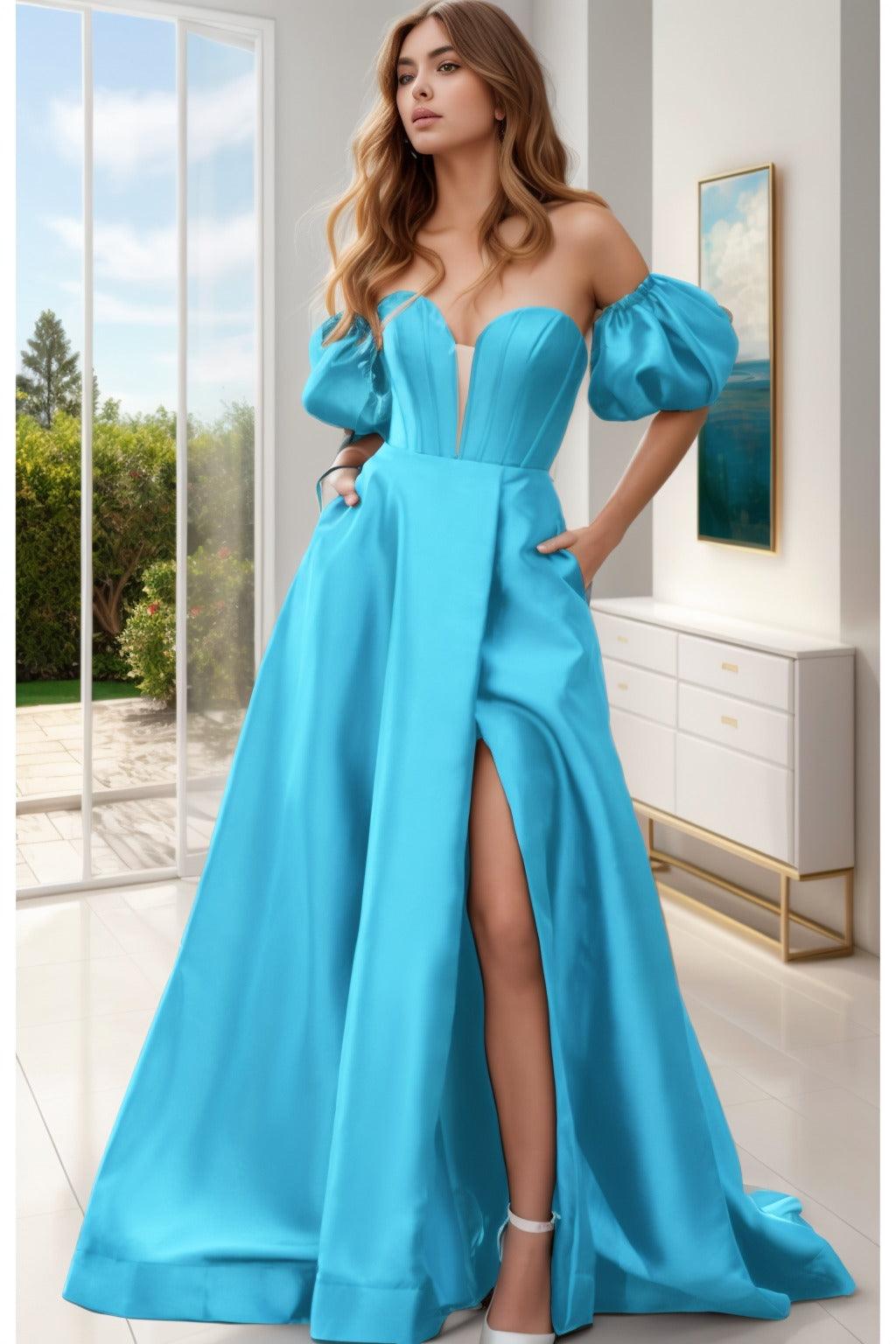 A-Line Sweep-Brush Train Satin Prom Dress CS0448 - COCOMELODY