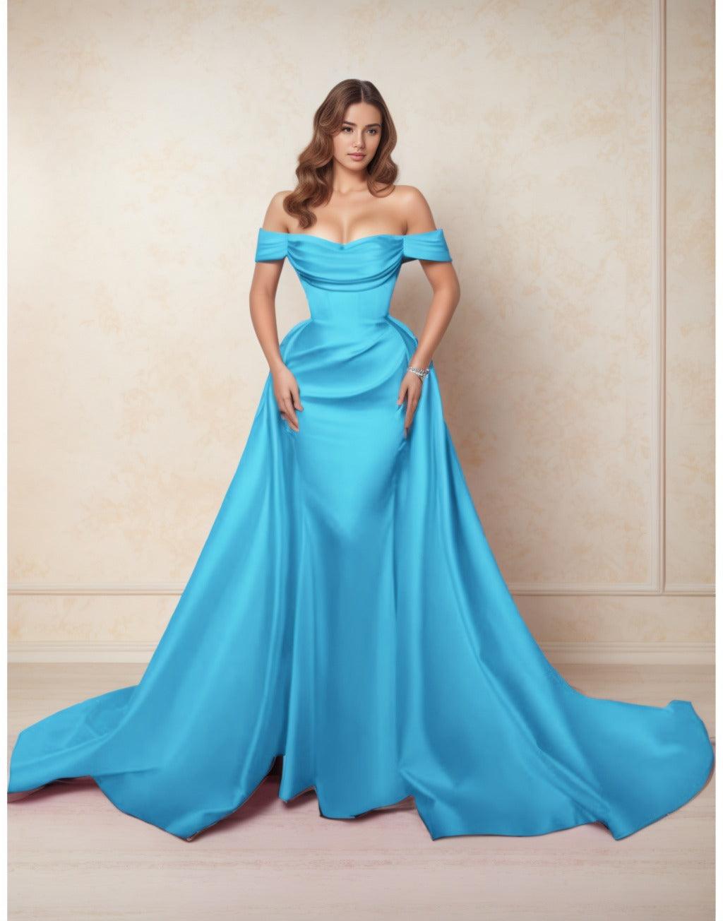 A-Line Chapel Train Satin Prom Dress CS0416 - COCOMELODY