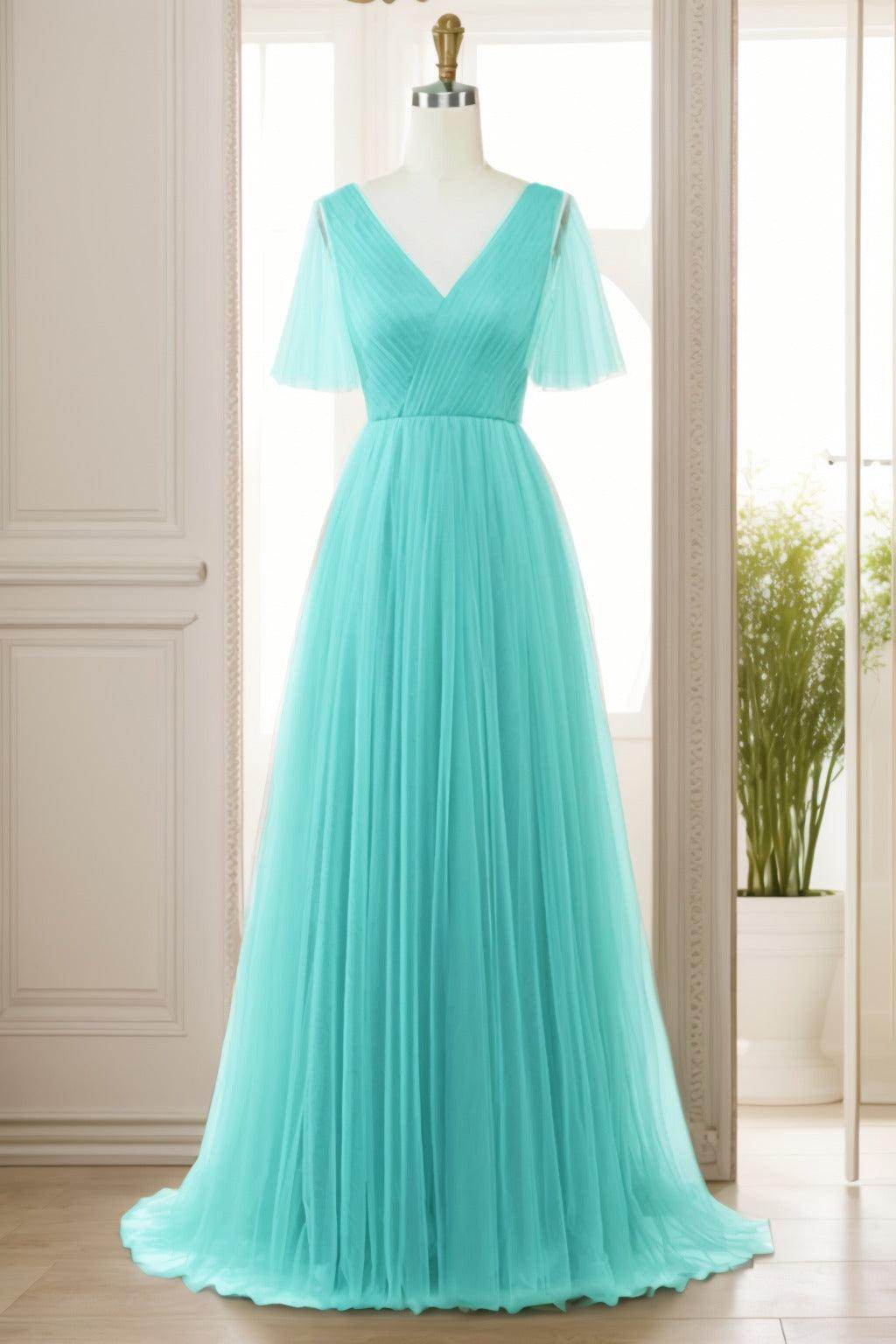 A-Line Sweep-Brush Train Tulle Prom Dress CS0472 - COCOMELODY
