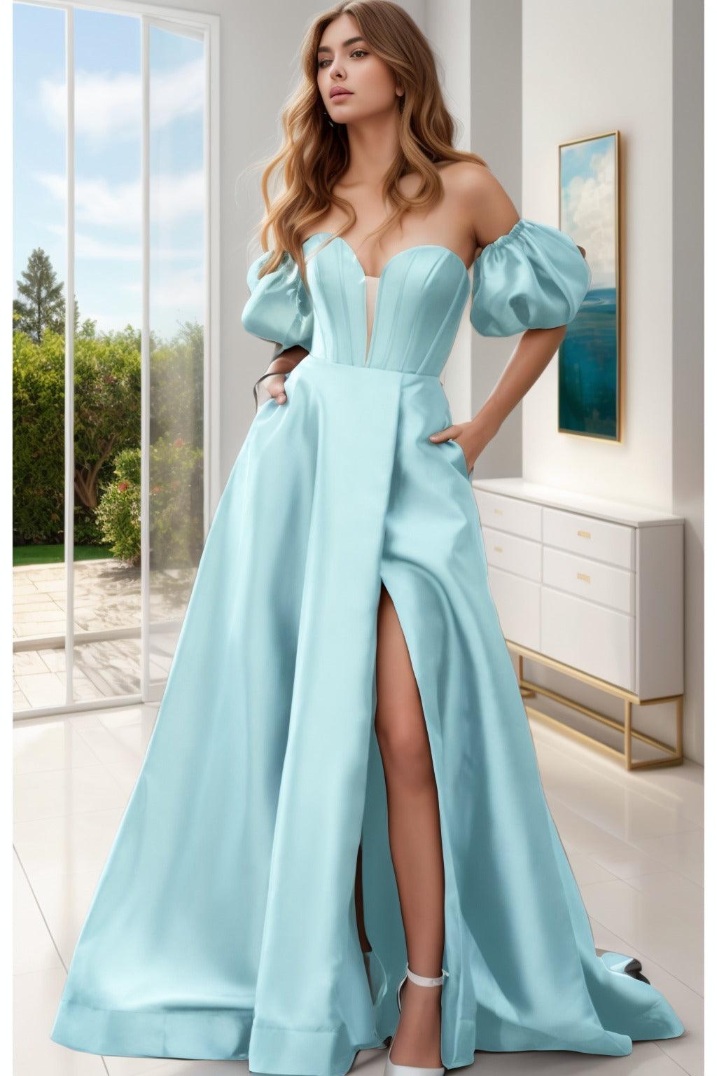 A-Line Sweep-Brush Train Satin Prom Dress CS0448 - COCOMELODY