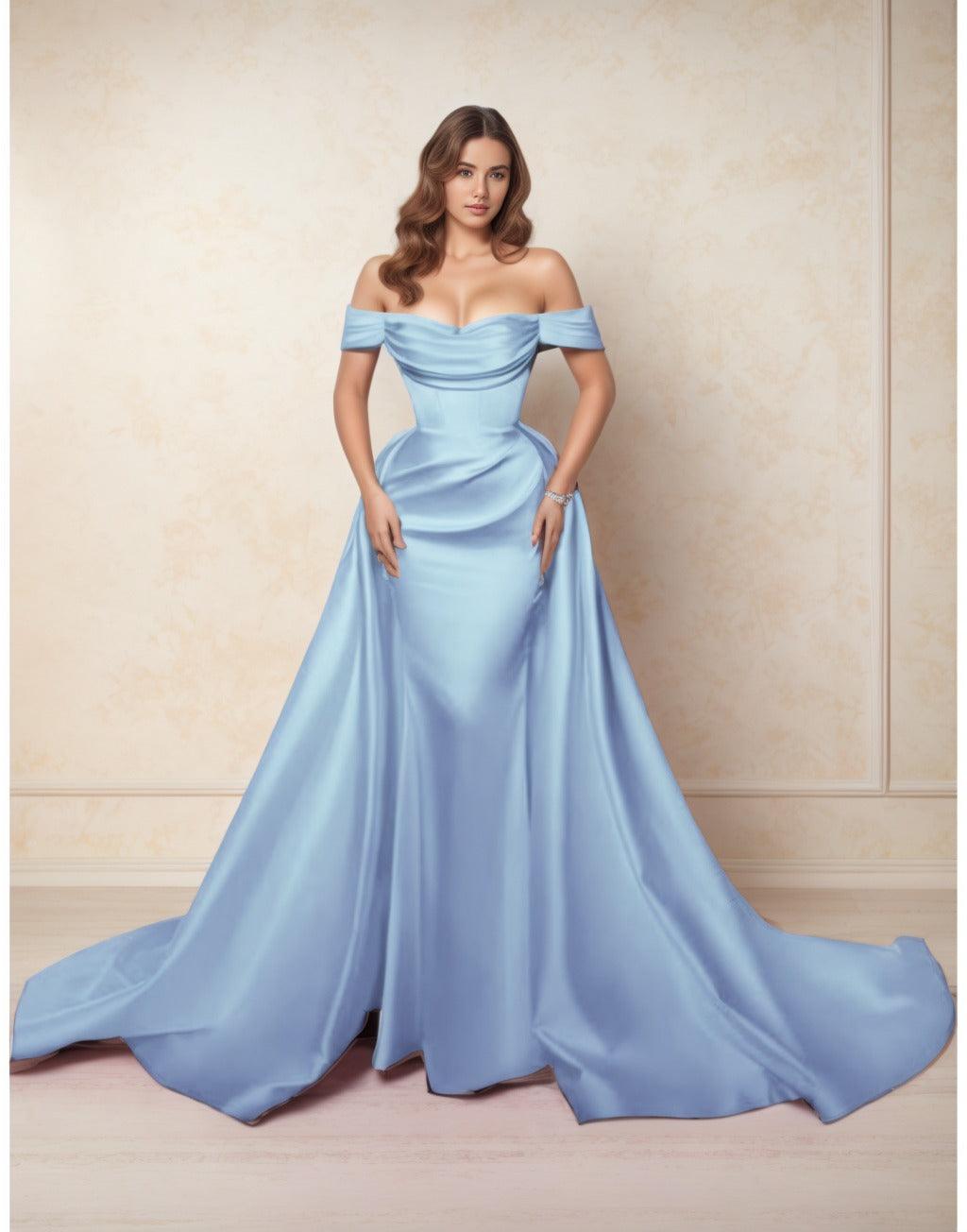 A-Line Chapel Train Satin Prom Dress CS0416 - COCOMELODY