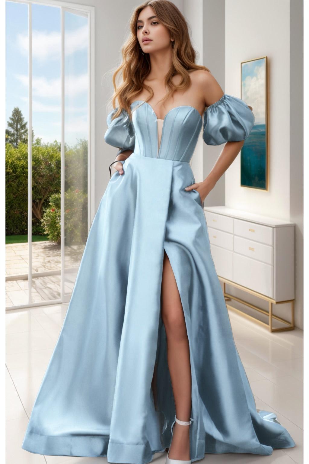 A-Line Sweep-Brush Train Satin Prom Dress CS0448 - COCOMELODY