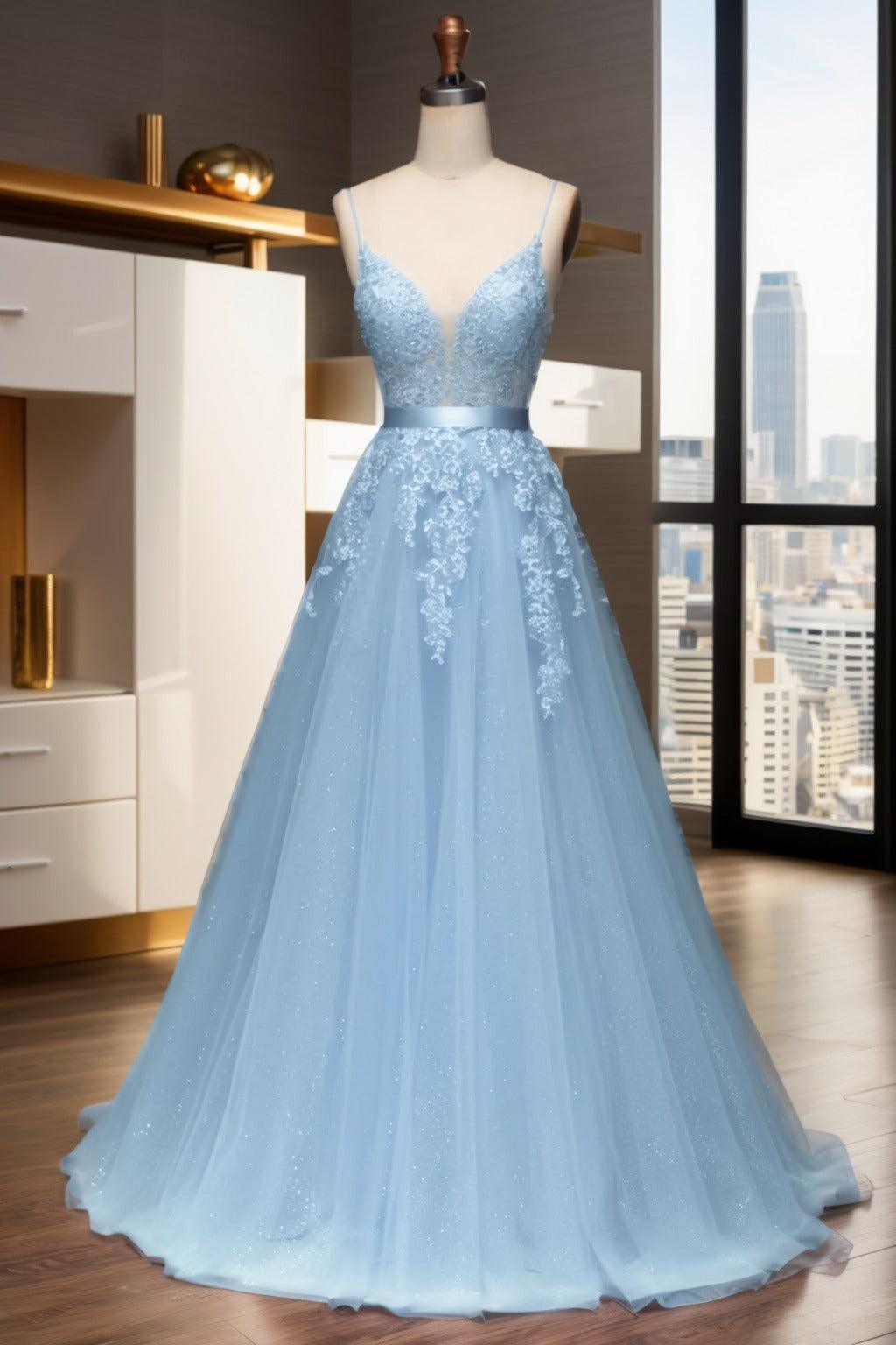 A-Line Sweep-Brush Train Tulle Prom Dress CS0464 - COCOMELODY