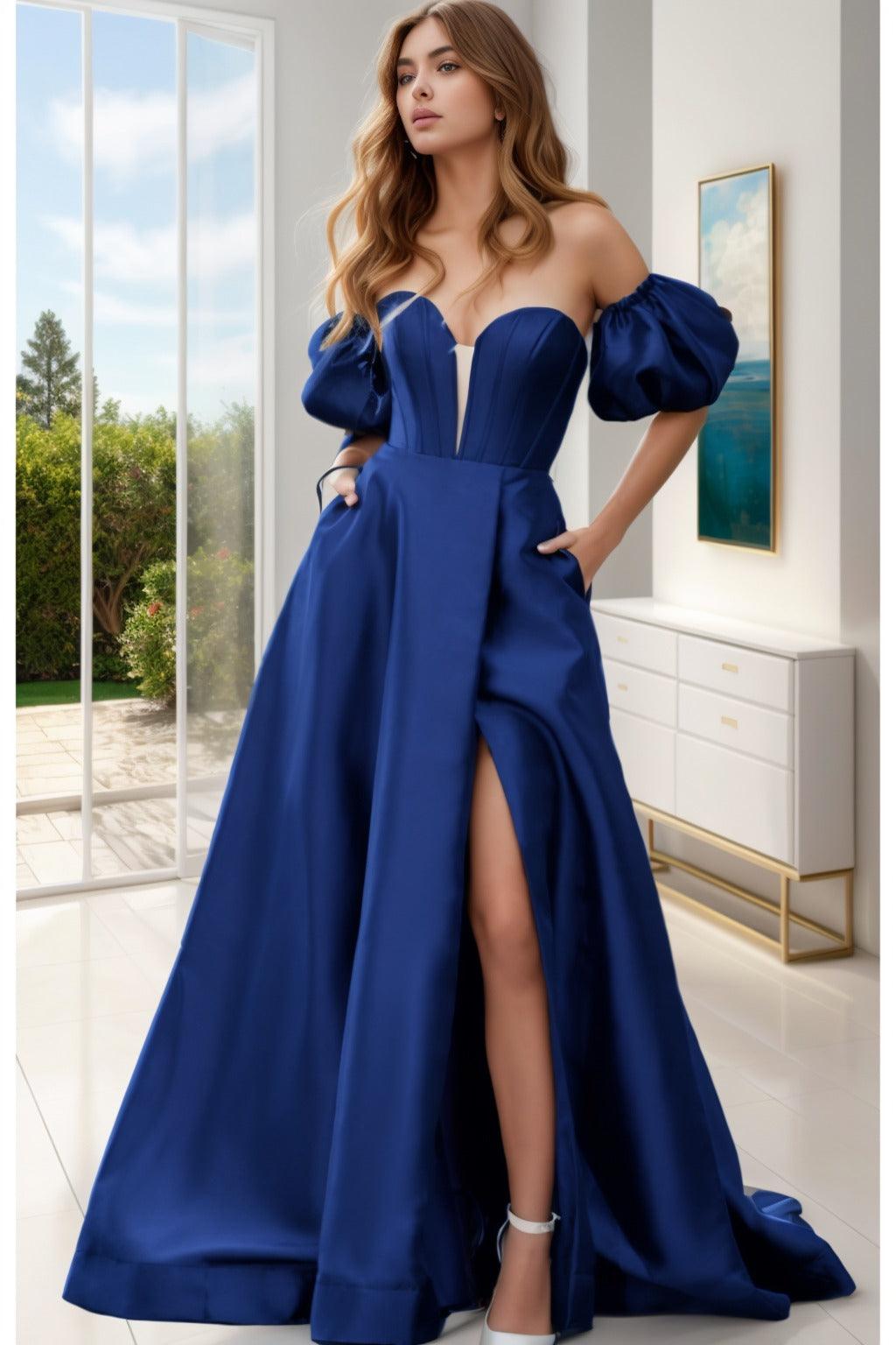 A-Line Sweep-Brush Train Satin Prom Dress CS0448 - COCOMELODY