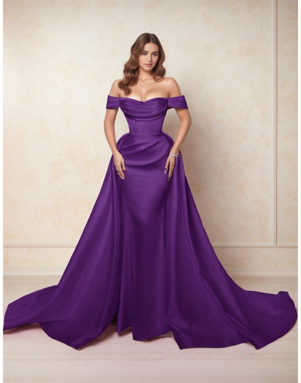 A-Line Chapel Train Satin Prom Dress CS0416 - COCOMELODY