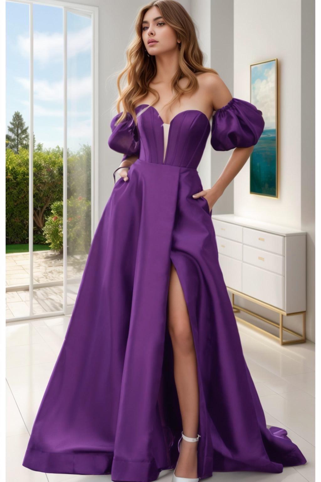 A-Line Sweep-Brush Train Satin Prom Dress CS0448 - COCOMELODY
