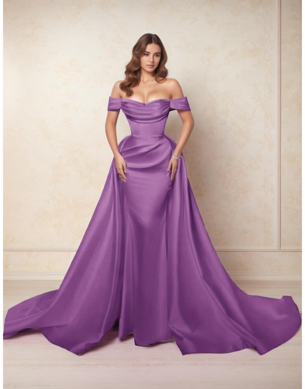 A-Line Chapel Train Satin Prom Dress CS0416 - COCOMELODY