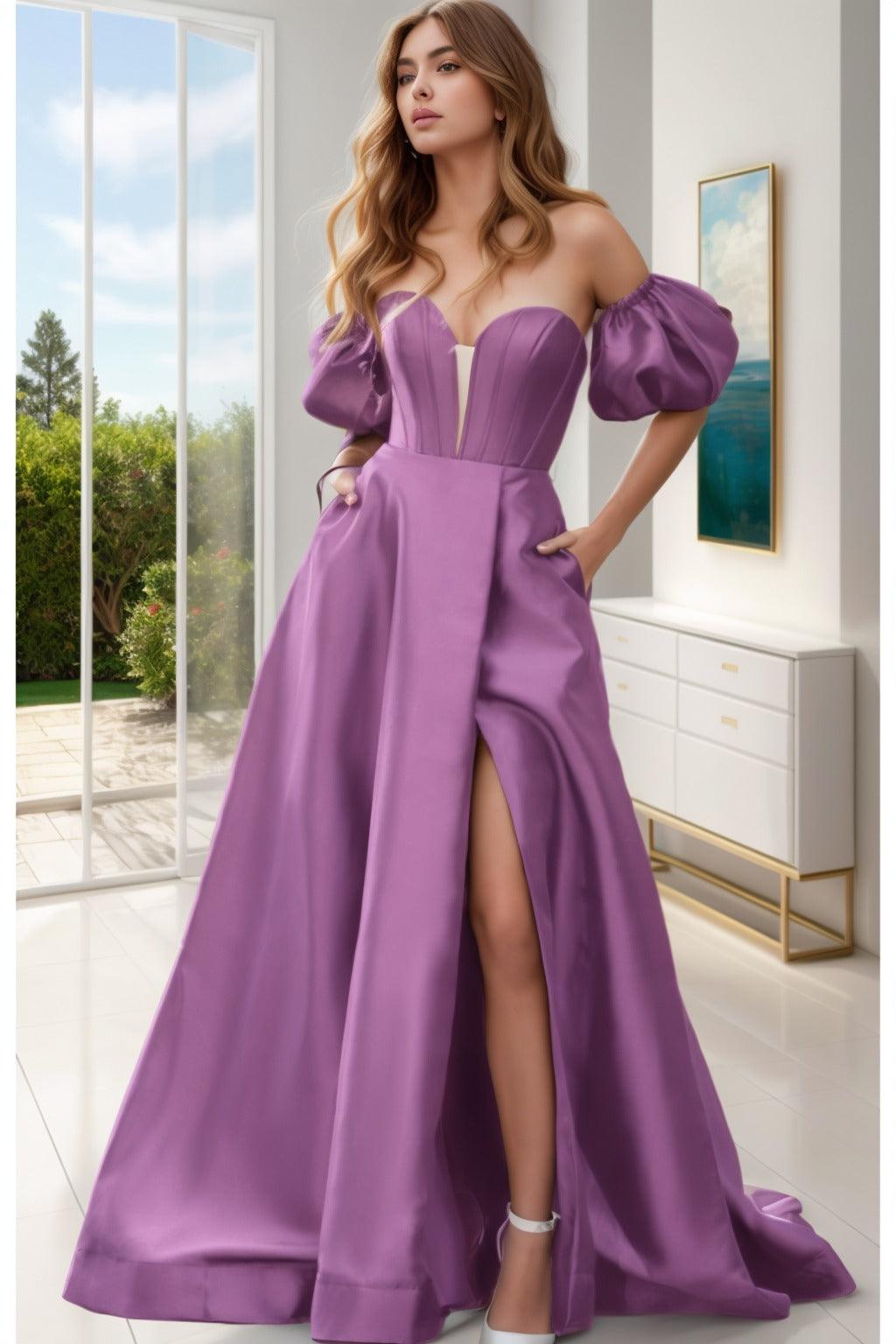 A-Line Sweep-Brush Train Satin Prom Dress CS0448 - COCOMELODY