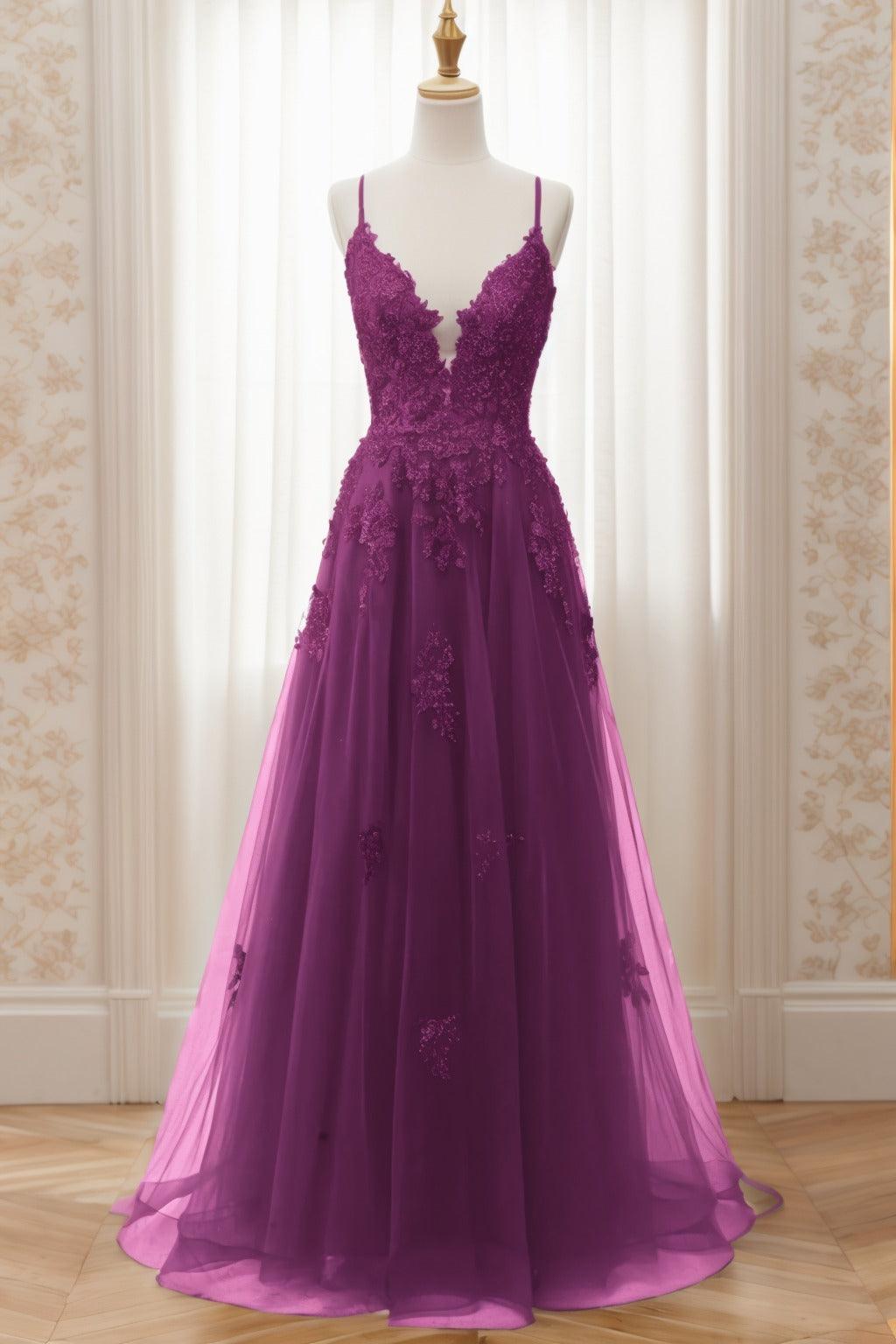 A-Line Sweep-Brush Train Tulle Prom Dress CS0463 - COCOMELODY