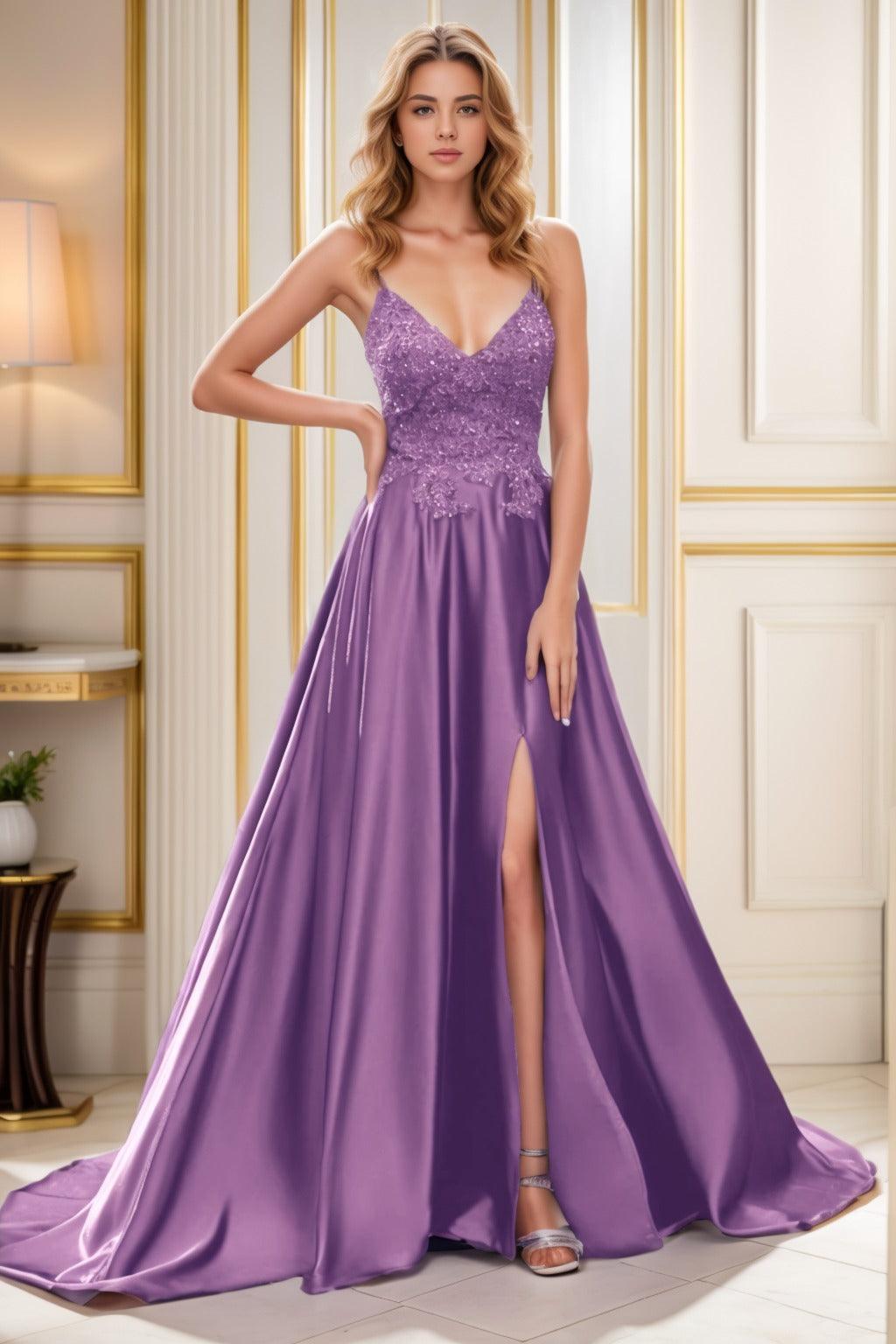 A-Line Court Train Satin Prom Dress CS0460 - COCOMELODY