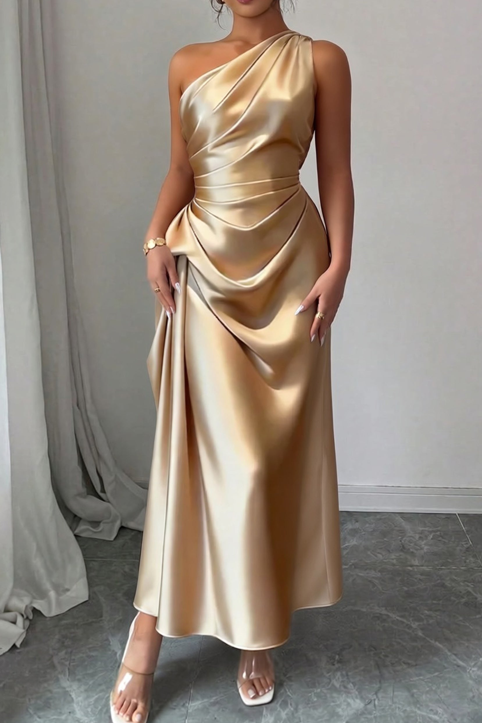 One Shoulder Satin Tea Length Mermaid Wedding Guest Dress Ruched Formal Gown COCOMELODY 1033914017182, Olive Green