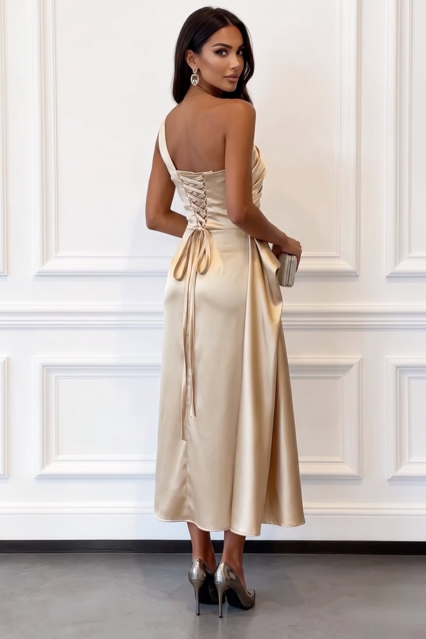 Trumpet-Mermaid Tea Length Satin Wedding Guest Dress 1033914017182