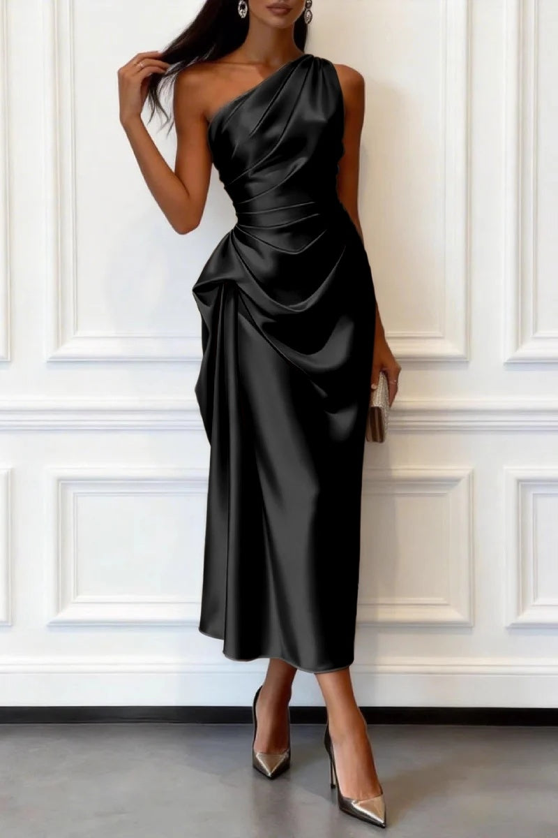 Trumpet-Mermaid Tea Length Satin Wedding Guest Dress 1033914017182