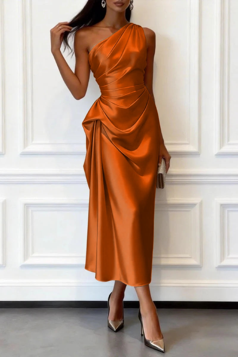 Trumpet-Mermaid Tea Length Satin Wedding Guest Dress 1033914017182
