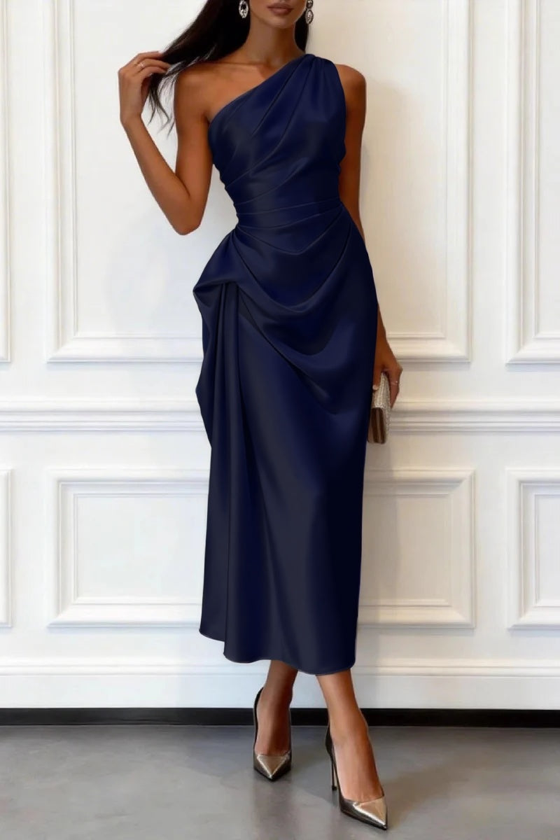 Trumpet-Mermaid Tea Length Satin Wedding Guest Dress 1033914017182