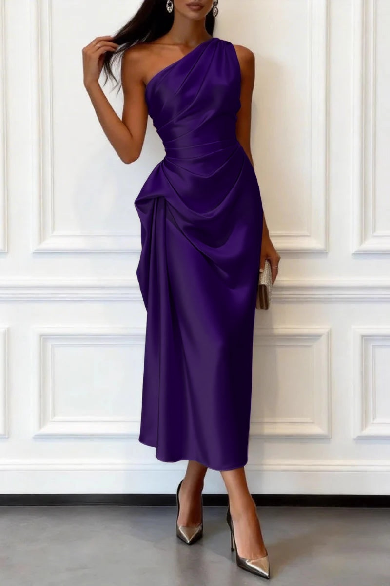 Trumpet-Mermaid Tea Length Satin Wedding Guest Dress 1033914017182