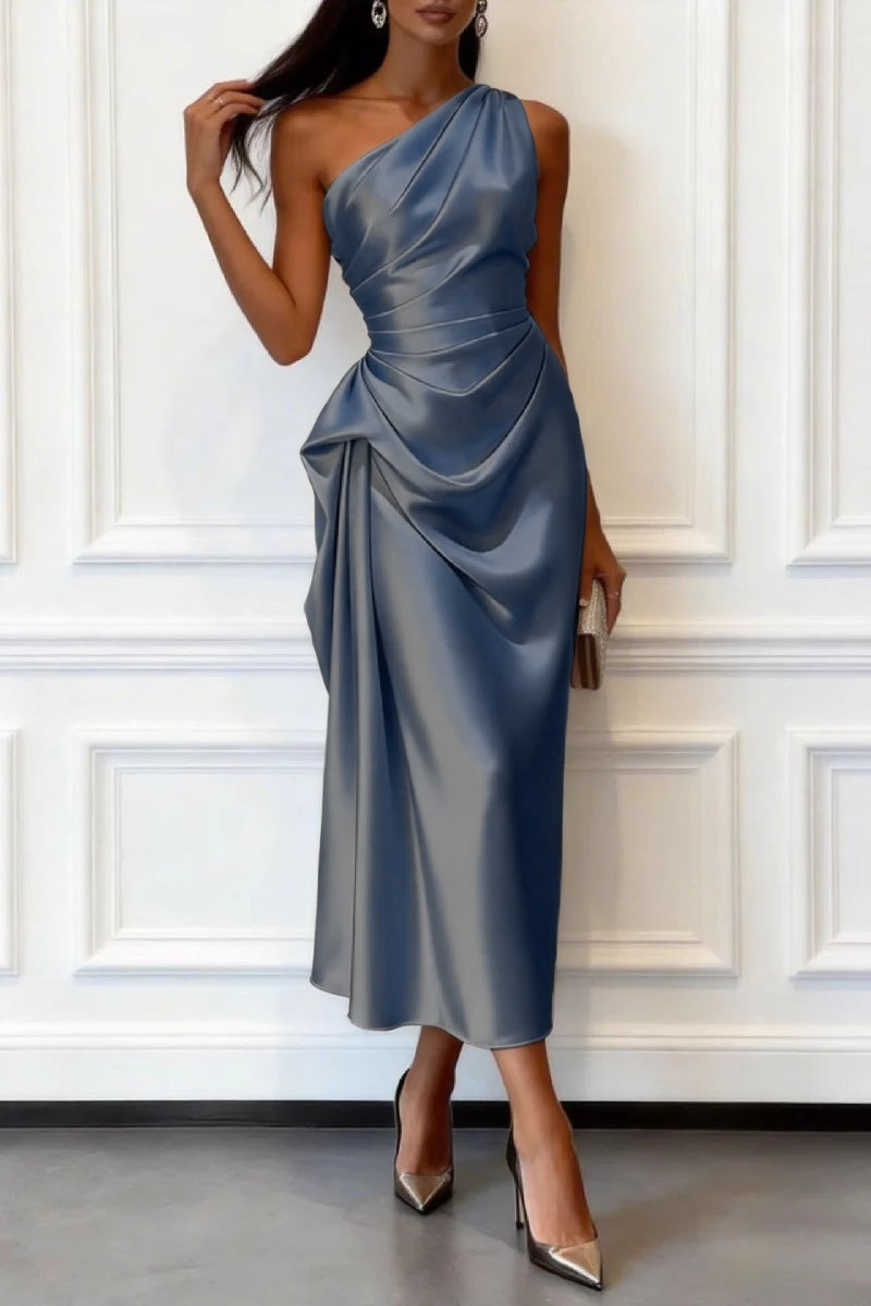 Trumpet-Mermaid Tea Length Satin Wedding Guest Dress 1033914017182