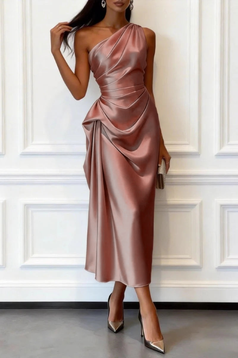 Trumpet-Mermaid Tea Length Satin Wedding Guest Dress 1033914017182