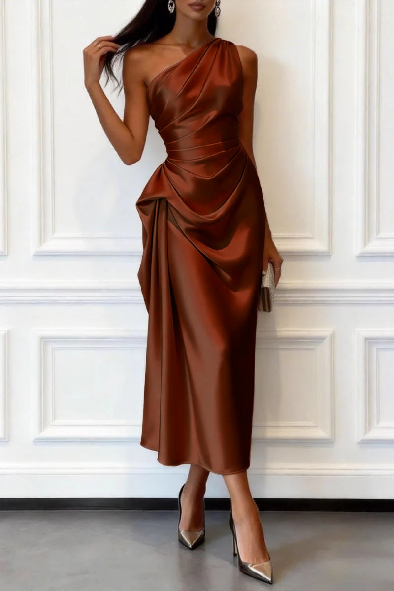 Trumpet-Mermaid Tea Length Satin Wedding Guest Dress 1033914017182