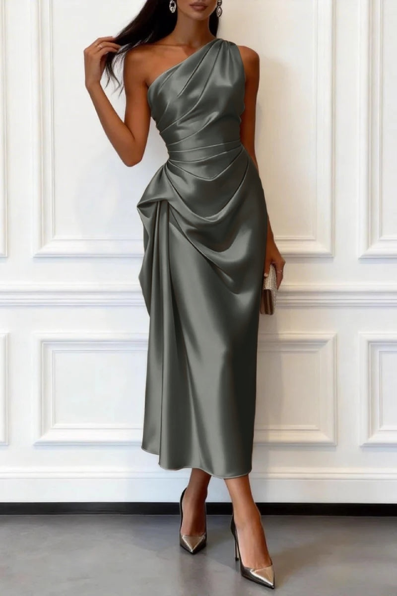 Trumpet-Mermaid Tea Length Satin Wedding Guest Dress 1033914017182