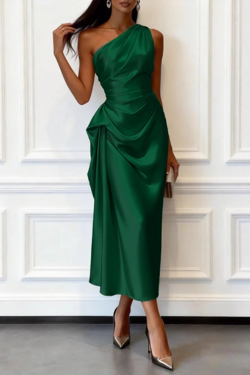 Trumpet-Mermaid Tea Length Satin Wedding Guest Dress 1033914017182