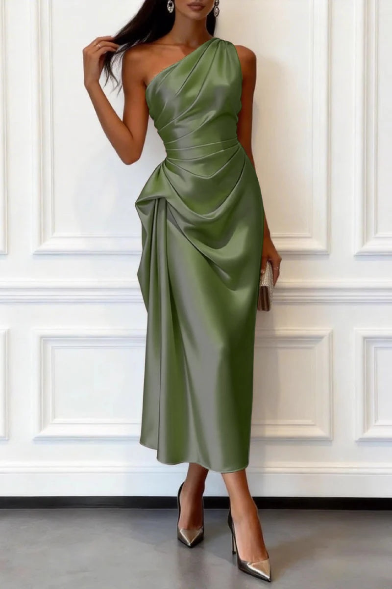 Trumpet-Mermaid Tea Length Satin Wedding Guest Dress 1033914017182