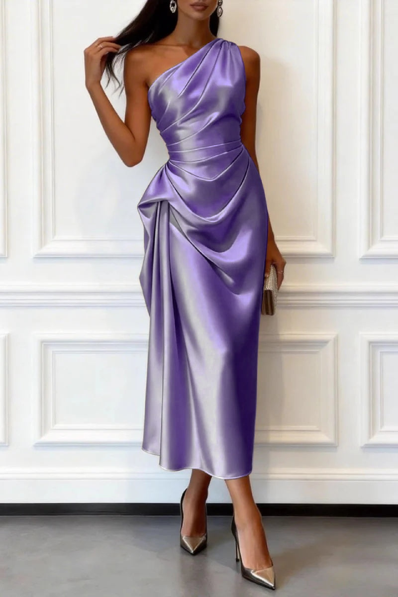 Trumpet-Mermaid Tea Length Satin Wedding Guest Dress 1033914017182